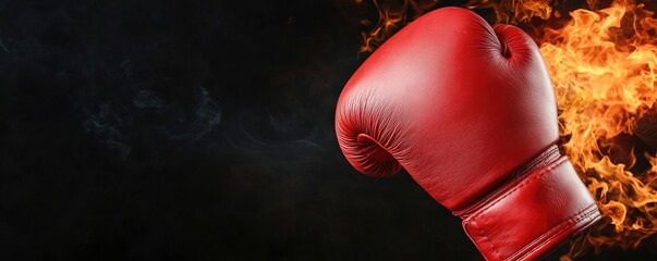 A powerful red boxing glove with a flaming background, symbolizing strength and determination in the sport of boxing.