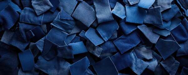 Close-up of various dark blue fabric swatches creating a rich texture with different shades and patterns, perfect for design projects.