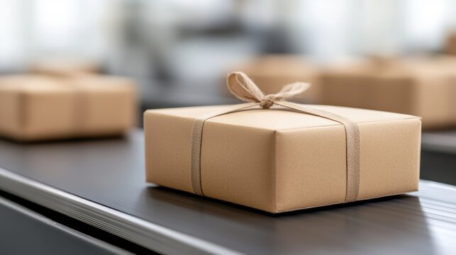 Eco-friendly minimalist gift box on conveyor belt in modern packaging facility