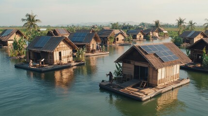 Fototapeta premium Enchanted Lagoon: Floating Libraries Bringing Knowledge to Villagers in a Sustainable Setting