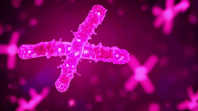 Pink chromosome X, microscopic view, genetic research, blurred background.