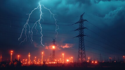 Lightning Strikes Over Industrial Landscape
