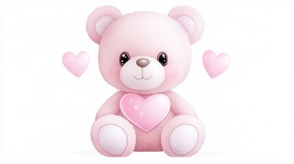 Obraz premium Cute pink teddy bear with heart and floating hearts on white background