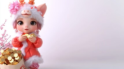 Fototapeta premium Cute cartoon character in festive costume holding gold coins