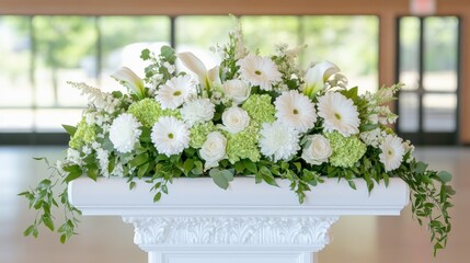 Elegant white and green floral arrangement on ornate white pedestal in bright room