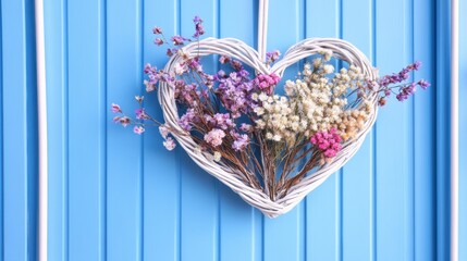 Heart-shaped wicker wreath with colorful wildflowers on blue wooden background