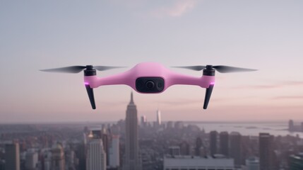 Vibrant pink drone hovering over urban skyline at dusk