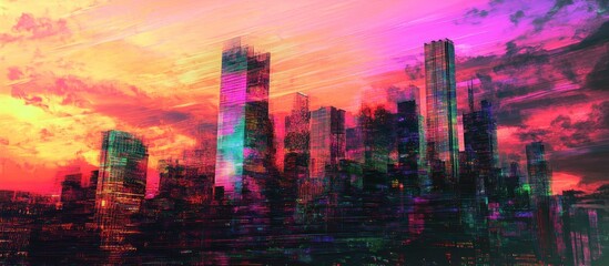 Obraz premium Colorful digital art cityscape at sunset.
