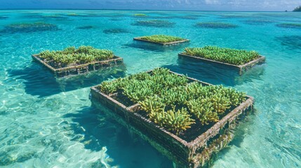 Obraz premium Beneath the Waves: Coral Nursery Platforms in Warmed Seas for Ecological Resilience