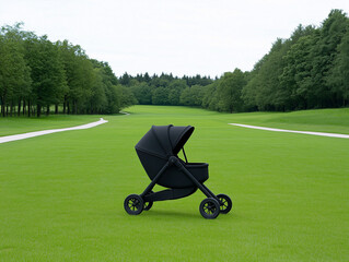 Baby Stroller Navigated Through Park Greenery