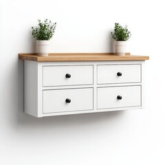 Modern Wall-Mounted White Cabinet with Wood Top and Green Plants