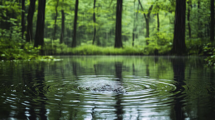 Obraz premium serene forest scene with rain falling gently on calm pond