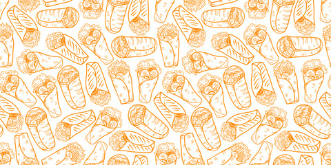 Kebab Pattern background. burrito pattern background. shawarma pattern background. Rolled Sandwich doodle illustration pattern.