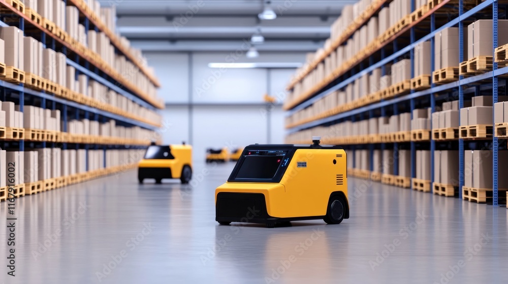 Poster automated robots in a warehouse with organized shelving.