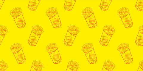Kebab Pattern background. burrito pattern background. shawarma pattern background. Rolled Sandwich doodle illustration pattern.