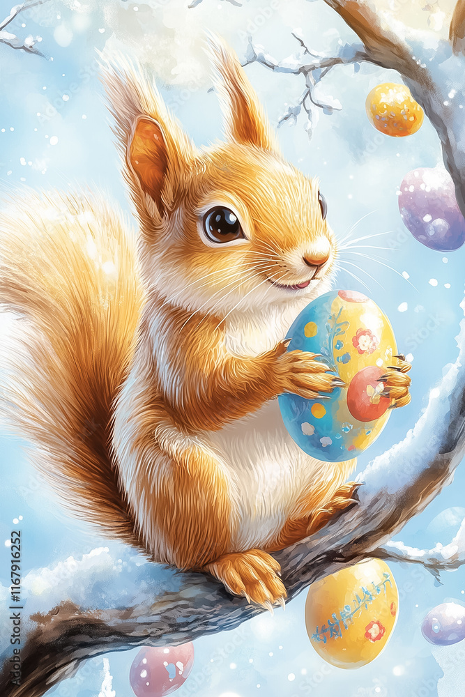 Poster a charming squirrel embraces a vibrant easter egg while perched on a tree branch in a tranquil sprin