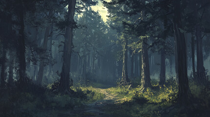 Fototapeta premium foreboding pine forest with tall trees and mysterious path