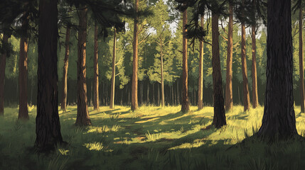 serene pine forest with tall trees and dappled sunlight creating shadows