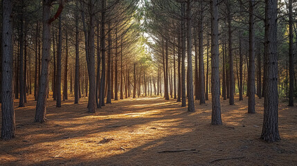 Obraz premium serene view of pine forest with tall trees and soft sunlight filtering through
