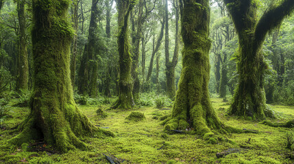 lush rainforest scene with towering trees and vibrant greenery, evoking tranquility