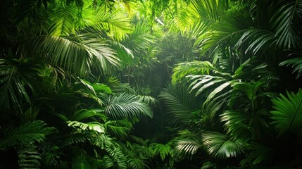 Lush verdant tropical jungle canopy with shafts of sunlight beaming through the dense foliage creating a serene and peaceful natural environment