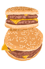 Chesee burger double patty with sesame seed Bun on white background 