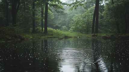 picturesque rainy forest with tranquil pond and gentle ripples