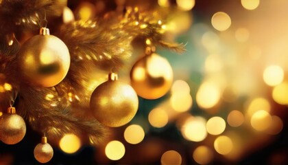 Obraz premium Festive Golden Ornaments Hanging on Christmas Tree