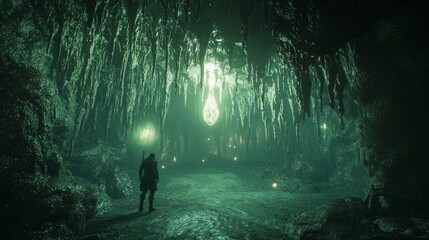 Fototapeta premium Shadows of the Underworld: Mysterious Wanderer in Bioluminescent Cavern