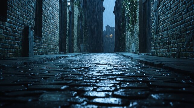 Shadows of the Mercenaries: Dark Fantasy Alley with Monstrous Reflections in Rain