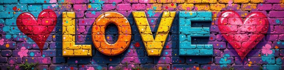 Colorful graffiti declaring love on brick wall, passion, brick
