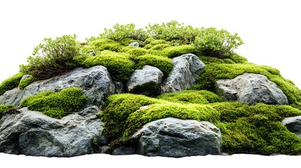 Mossy rocks on a lush green hillside, isolated on white background, showcasing detailed texture, vibrant green moss, and soft natural lighting for a zen garden aesthetic.