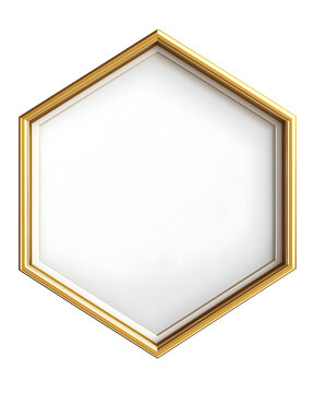 Gold hexagonal mirror frame with golden accents, modern aesthetic. Isolated on transparent or white background cut out
