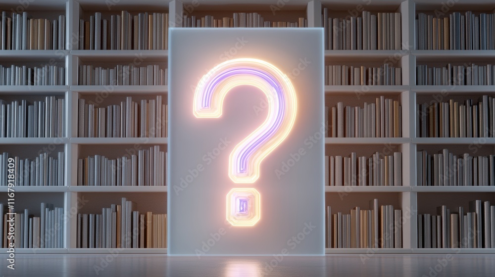 Poster glowing neon question mark in modern library setting
