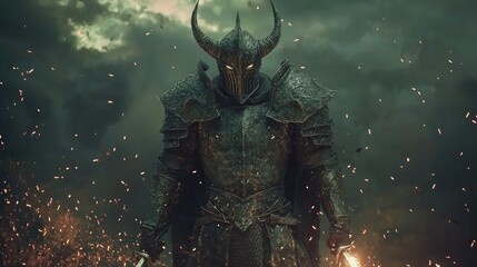 Fototapeta premium Shadowy Encounter - Epic Dark Fantasy Artwork of Bestial Knight Confronting Silent Wanderer in a Stormy Night Duel