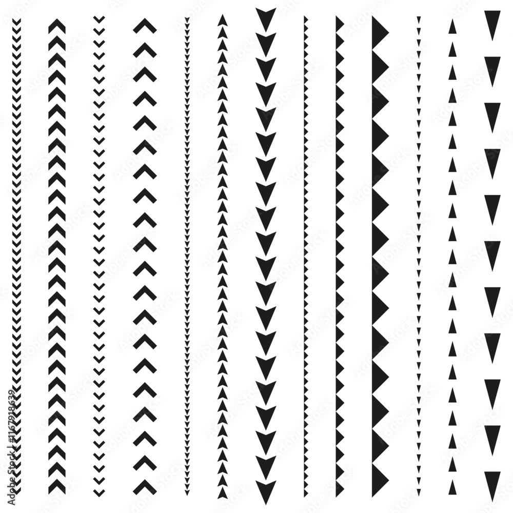 Poster Arrow pattern design. Repetitive triangular shapes. Vector geometric art. Black and white symbols.