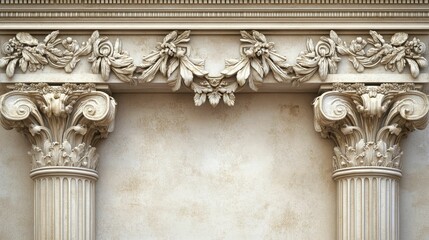Ornate columns, floral carvings, textured wall.