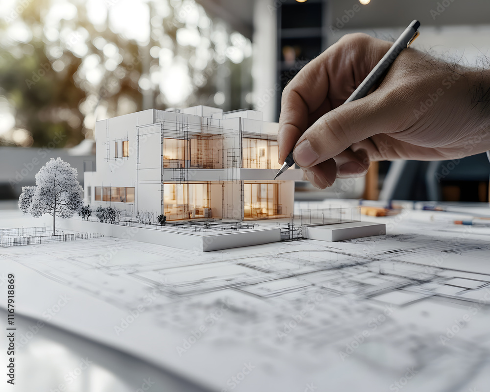 Poster architectural model and blueprints with hand detailing design