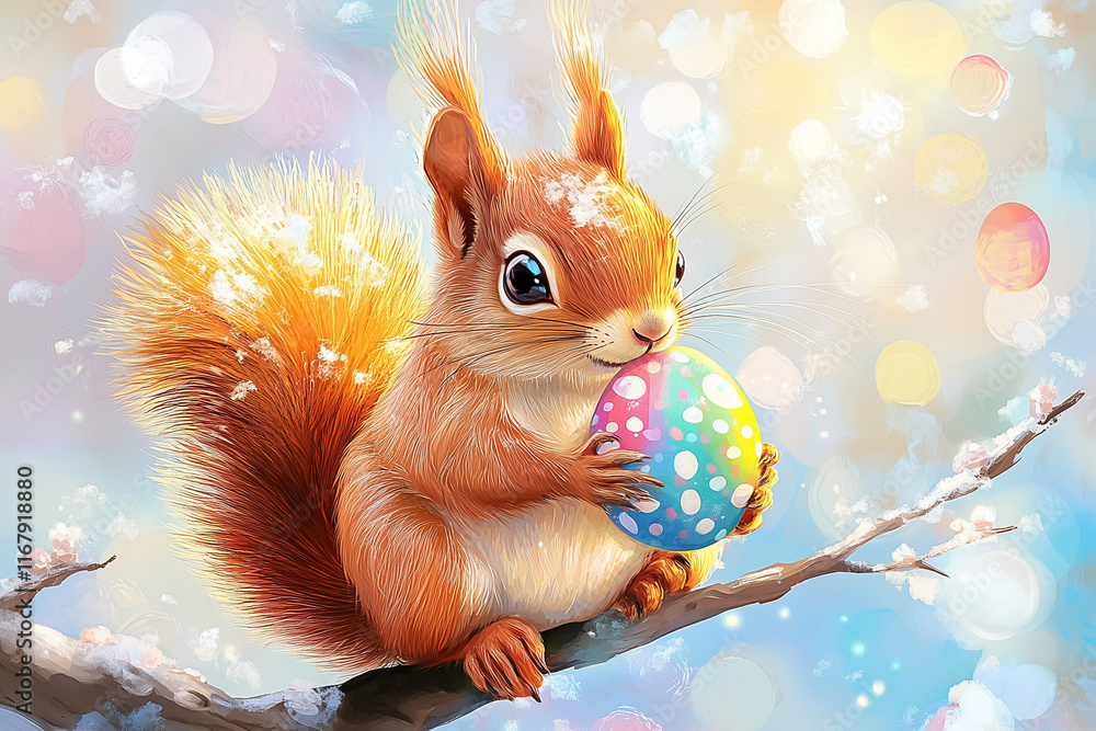 Poster a delightful little squirrel clutches a bright easter egg while perched on a branch adorned with sof