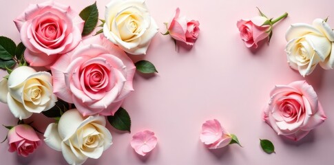 Delicate pink and white roses arranged in a loose, organic shape, pink roses, wedding decor