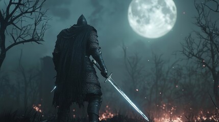 Fototapeta premium Moonlit Charred Forest: Cinematic Dark Fantasy Artwork of a Lone Warrior in a Desolate Landscape Reflecting Embers