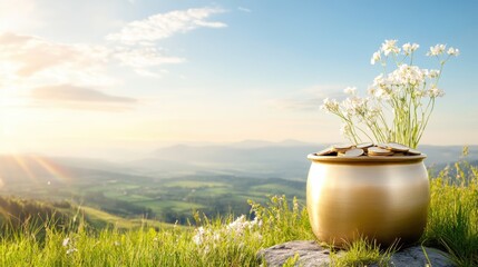 Golden pot of coins with flowers amidst scenic sunrise landscape