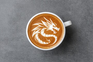 A beautifully crafted latte with intricate dragon art on top, set against a sleek gray background.