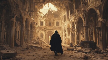 Forgotten Heroics - Dark Fantasy Artwork of a Grim Wanderer in a Ruined Hall with Torn Tapestry and Lost Battles in Centuries-Old Dust