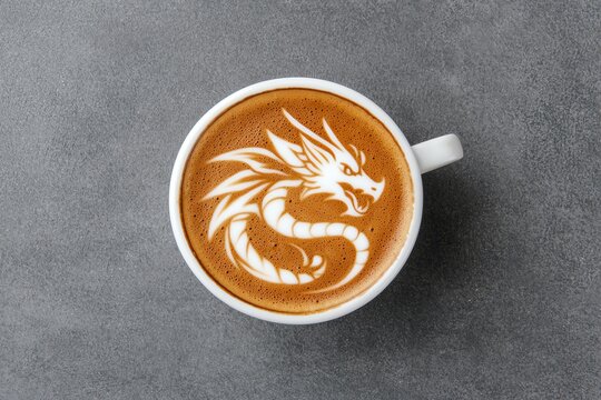 A beautifully crafted latte with intricate dragon art on top, set against a sleek gray background.