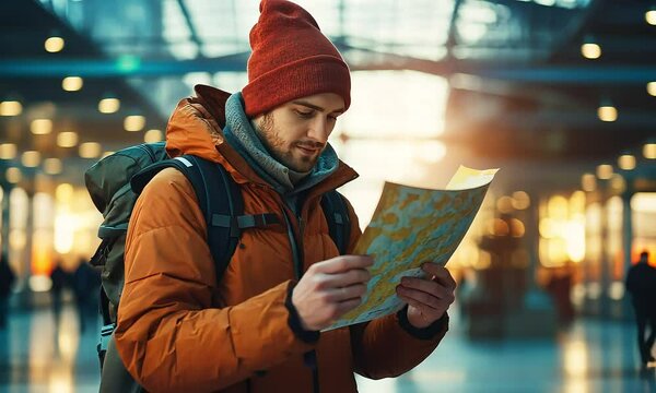 Young man wearing a beanie and orange jacket examines a map while standing indoors in a bright location, likely searching for directions or planning an adventure with ai generated.