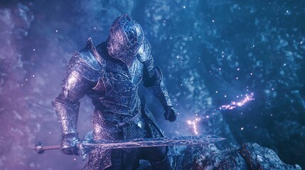 Naklejka premium Battle under the Starlight: Epic Dark Fantasy Artwork of Midnight Skirmish on a Narrow Ledge