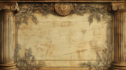 Ornate columns frame aged, plant-decorated panel.