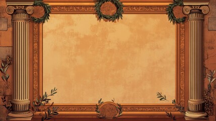 Classical columns frame a tan textured panel.