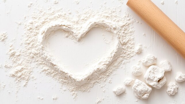Heart-shaped flour pattern with rolling pin on white baking surface